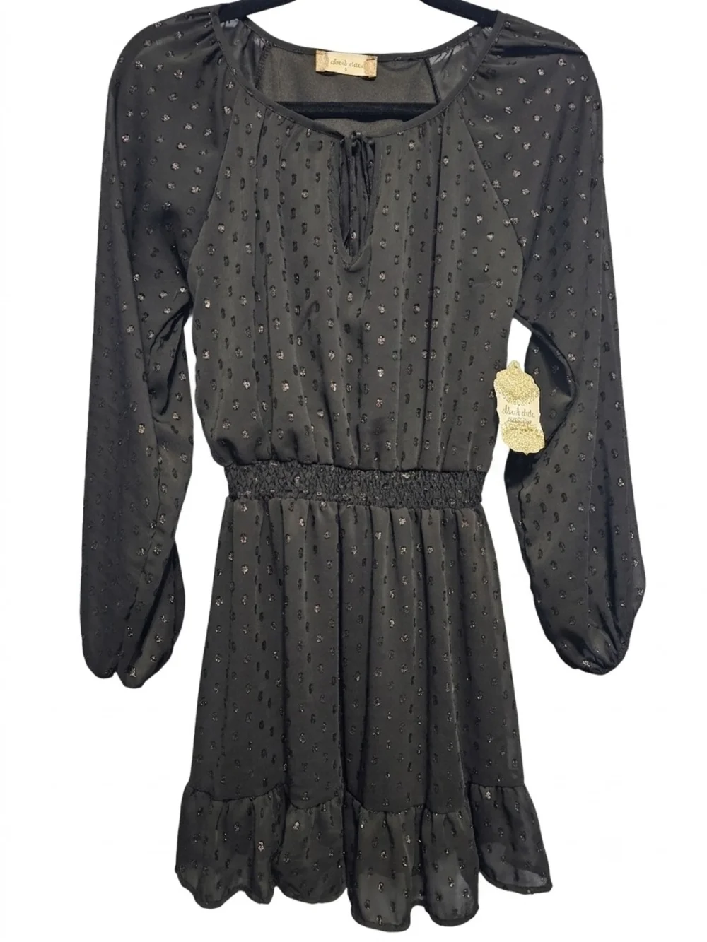 Altar'd State Womens S Black Polka Dot V-Neck Mini Dress Smocked Ruffle Tie